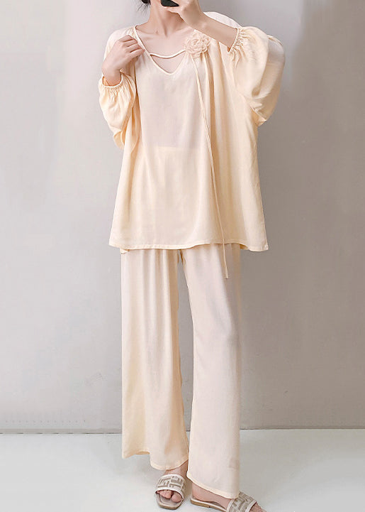 Apricot Oversized Solid Cotton Fall Pajamas Two Pieces Set V Neck