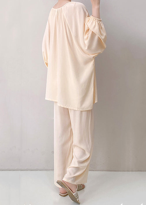 Apricot Oversized Solid Cotton Fall Pajamas Two Pieces Set V Neck