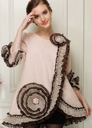 Apricot Patchwork Floral Woolen Coats Ruffled Nail Bead Spring