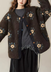 Apricot Pockets Coat And Yellow T Shirts Patchwork Fluffy Two Pieces Set O Neck