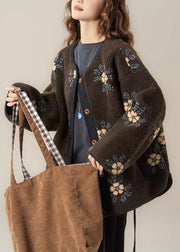 Apricot Pockets Coat And Yellow T Shirts Patchwork Fluffy Two Pieces Set O Neck