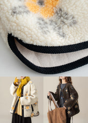 Apricot Pockets Coat And Yellow T Shirts Patchwork Fluffy Two Pieces Set O Neck