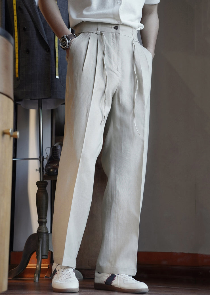Apricot Pockets Cotton Casual Clothing Men Straight Pants High Waist