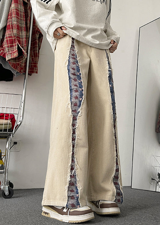 Apricot Pockets Patchwork Corduroy Men Wide Leg Pants Elastic Waist