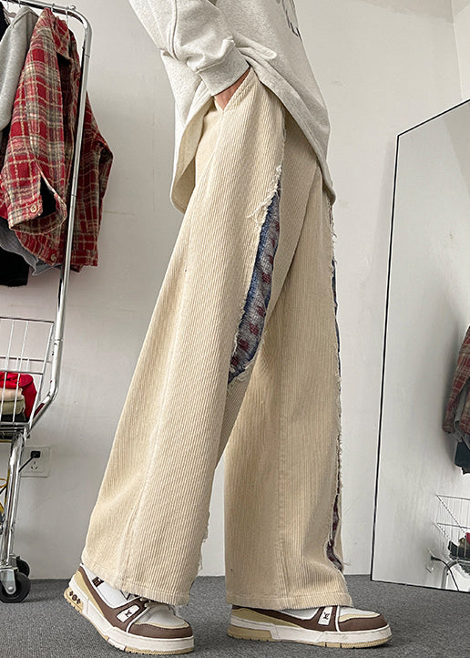 Apricot Pockets Patchwork Corduroy Men Wide Leg Pants Elastic Waist