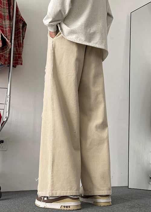 Apricot Pockets Patchwork Corduroy Men Wide Leg Pants Elastic Waist