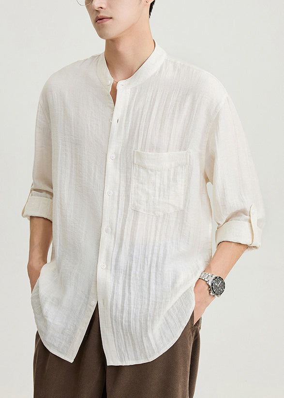 Apricot Pockets Solid Cotton Shirts Men Stand Collar