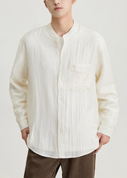 Apricot Pockets Solid Cotton Shirts Men Stand Collar