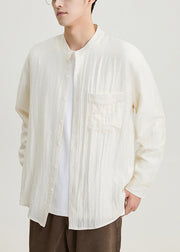 Apricot Pockets Solid Cotton Shirts Men Stand Collar