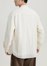 Apricot Pockets Solid Cotton Shirts Men Stand Collar