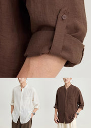 Apricot Pockets Solid Cotton Shirts Men Stand Collar