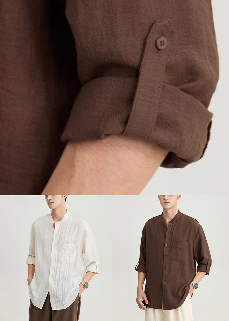 Apricot Pockets Solid Cotton Shirts Men Stand Collar