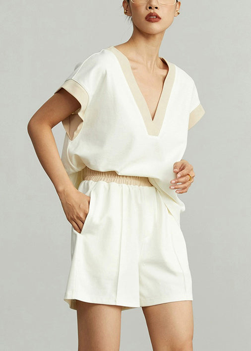 Apricot Pockets T Shirt And Shorts Cotton Summer Two Pieces Set V Neck