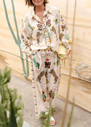 Apricot Print Button Shirts And Straight Pants Two-Piece Set Lantern Sleeve