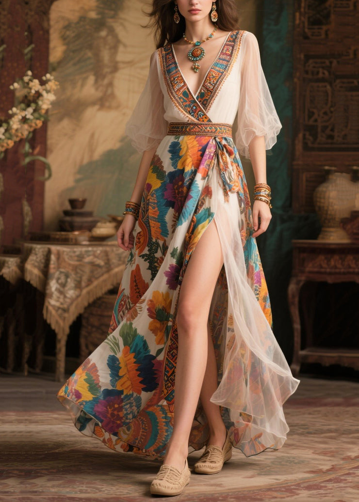 Apricot Print Chiffon Dress Exra Large Hem Side Open Summer