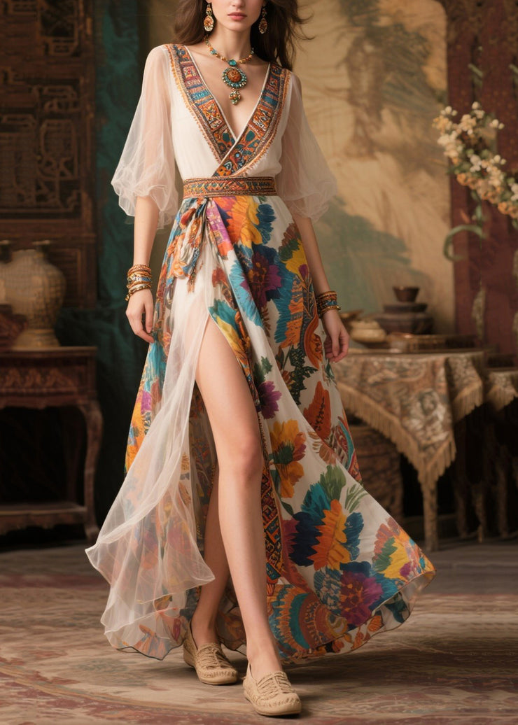 Apricot Print Chiffon Dress Exra Large Hem Side Open Summer