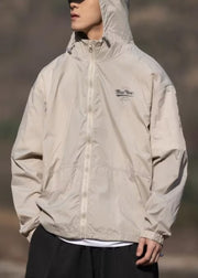 Apricot Print Pockets Thin Ice Silk Mens Coats Hooded Summer