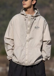 Apricot Print Pockets Thin Ice Silk Mens Coats Hooded Summer