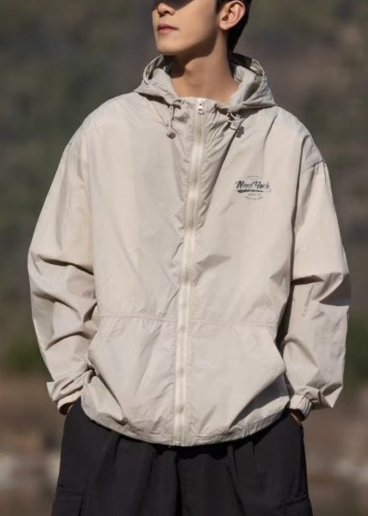 Apricot Print Pockets Thin Ice Silk Mens Coats Hooded Summer