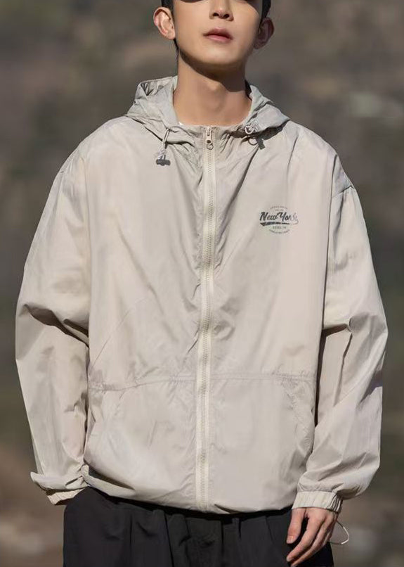 Apricot Print Pockets Thin Ice Silk Mens Coats Hooded Summer