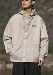 Apricot Print Pockets Thin Ice Silk Mens Coats Hooded Summer