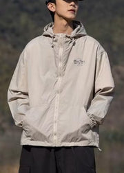 Apricot Print Pockets Thin Ice Silk Mens Coats Hooded Summer