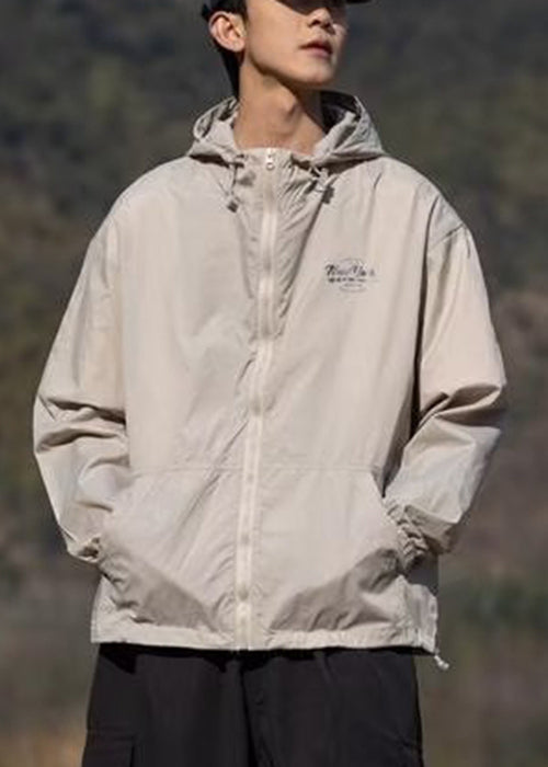 Apricot Print Pockets Thin Ice Silk Mens Coats Hooded Summer