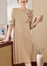 Apricot Print Ptchwork Hollow Out Cotton Knit Maxi Sweater Dress Fall