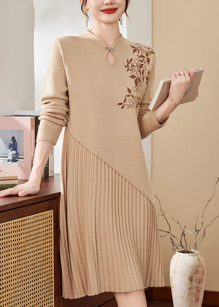 Apricot Print Ptchwork Hollow Out Cotton Knit Maxi Sweater Dress Fall
