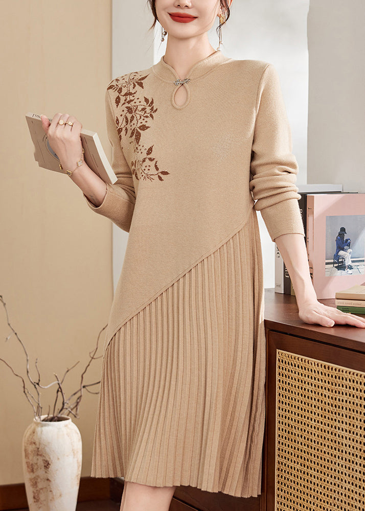 Apricot Print Ptchwork Hollow Out Cotton Knit Maxi Sweater Dress Fall