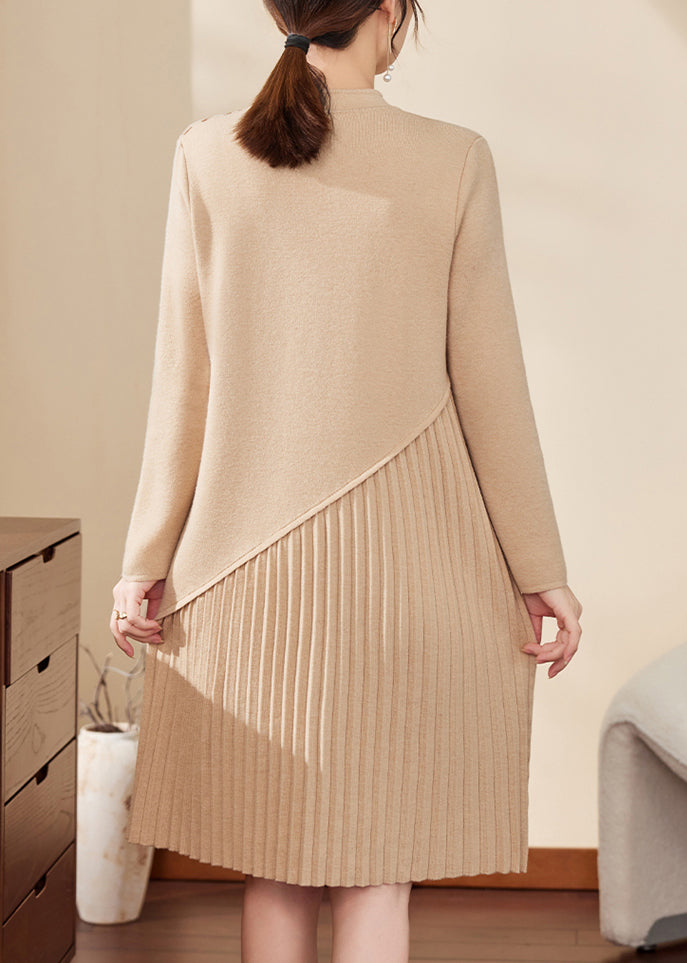 Apricot Print Ptchwork Hollow Out Cotton Knit Maxi Sweater Dress Fall