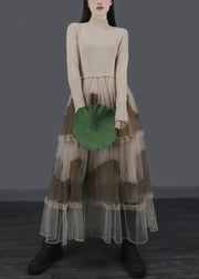 Apricot Ruffled Tulle Patchwork Slim Fit Long Dresses Asymmetrical