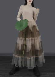 Apricot Ruffled Tulle Patchwork Slim Fit Long Dresses Asymmetrical