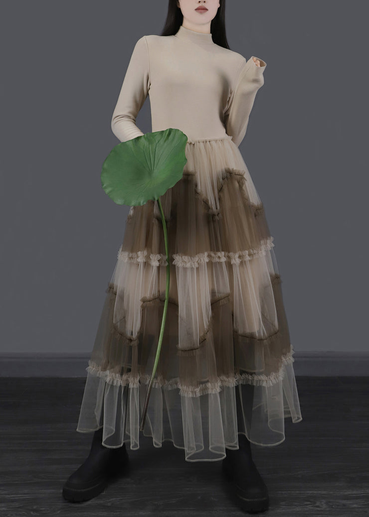 Apricot Ruffled Tulle Patchwork Slim Fit Long Dresses Asymmetrical