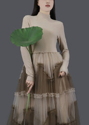 Apricot Ruffled Tulle Patchwork Slim Fit Long Dresses Asymmetrical