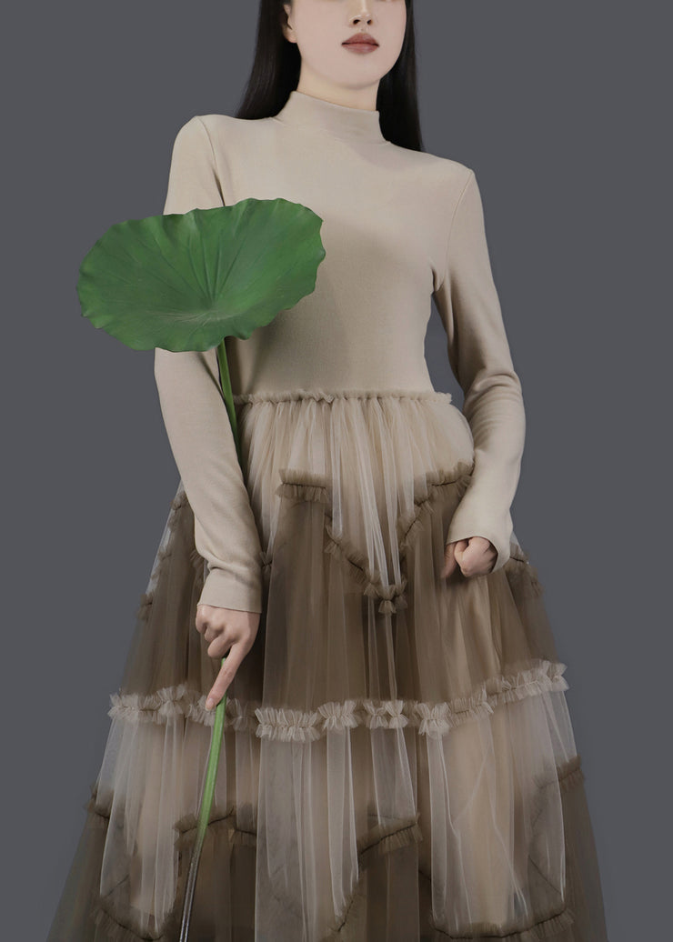 Apricot Ruffled Tulle Patchwork Slim Fit Long Dresses Asymmetrical