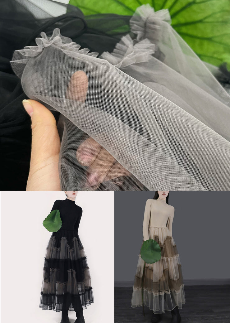 Apricot Ruffled Tulle Patchwork Slim Fit Long Dresses Asymmetrical