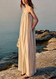 Apricot Shell Pockets Patchwork Linen Spaghetti Strap Dress Striped Summer