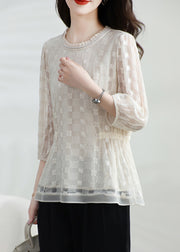 Apricot Silk T Shirt Top Classy O Neck Embroidered Bracelet Sleeve