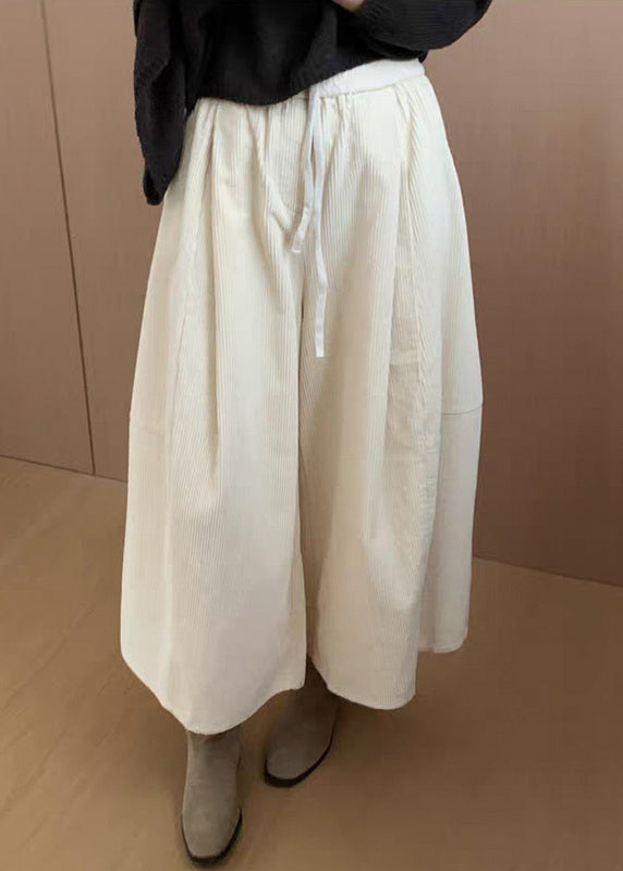 Apricot Solid Corduroy Wide Leg Pants Drawstring