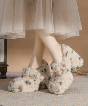 Apricot Splicing Faux Fur Chunky High Heels Buckle Strap
