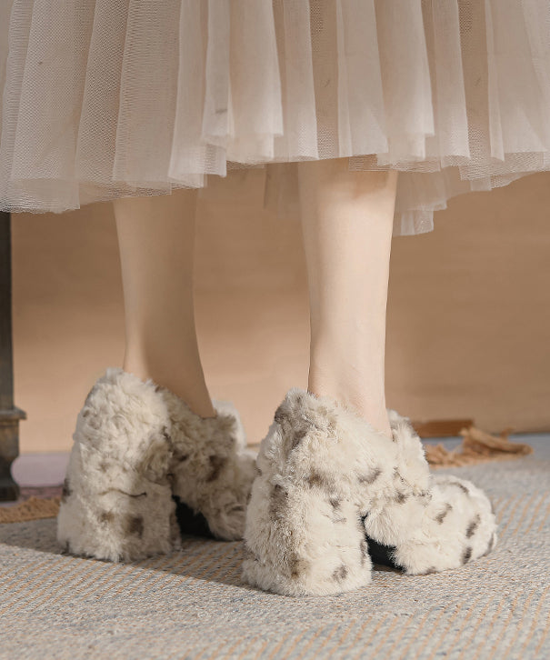 Apricot Splicing Faux Fur Chunky High Heels Buckle Strap