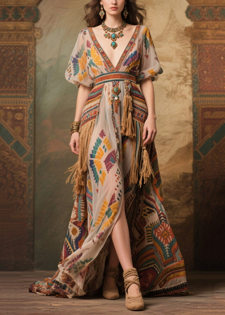 Apricot Tasseled Chiffon Party Dresses Exra Large Hem Puff Sleeve
