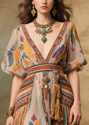 Apricot Tasseled Chiffon Party Dresses Exra Large Hem Puff Sleeve