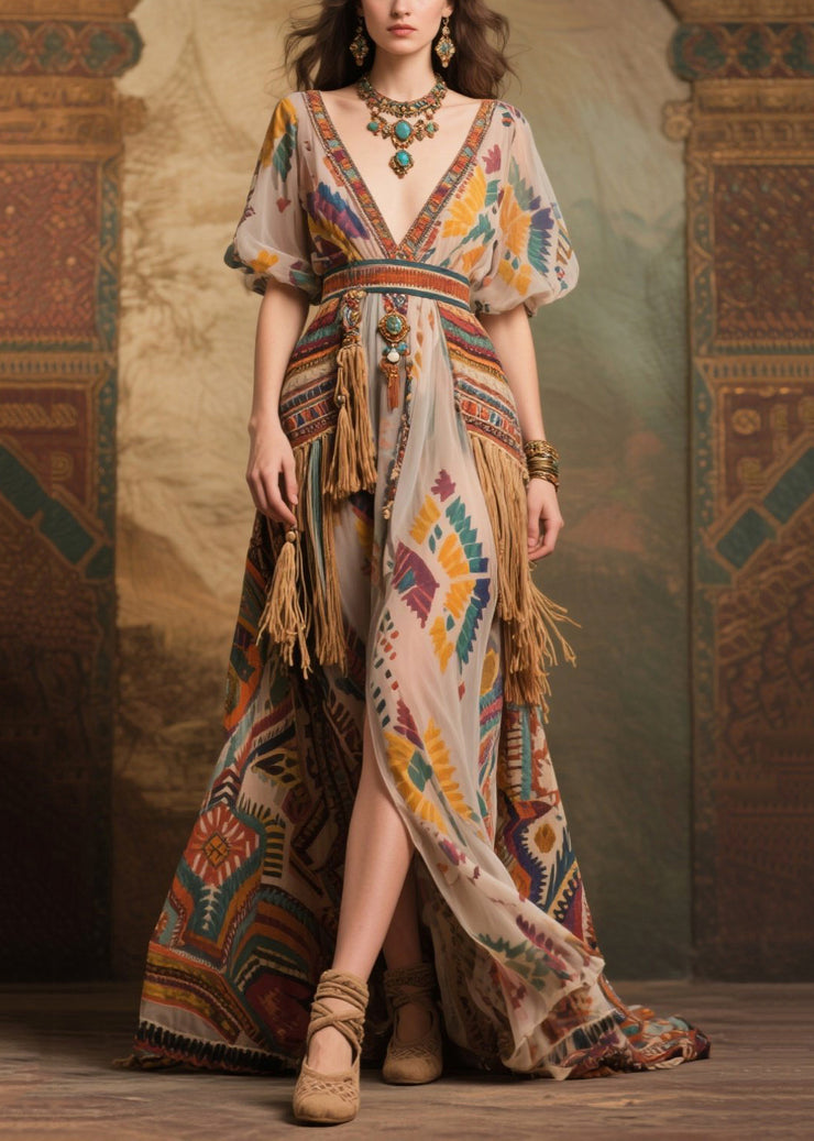 Apricot Tasseled Chiffon Party Dresses Exra Large Hem Puff Sleeve