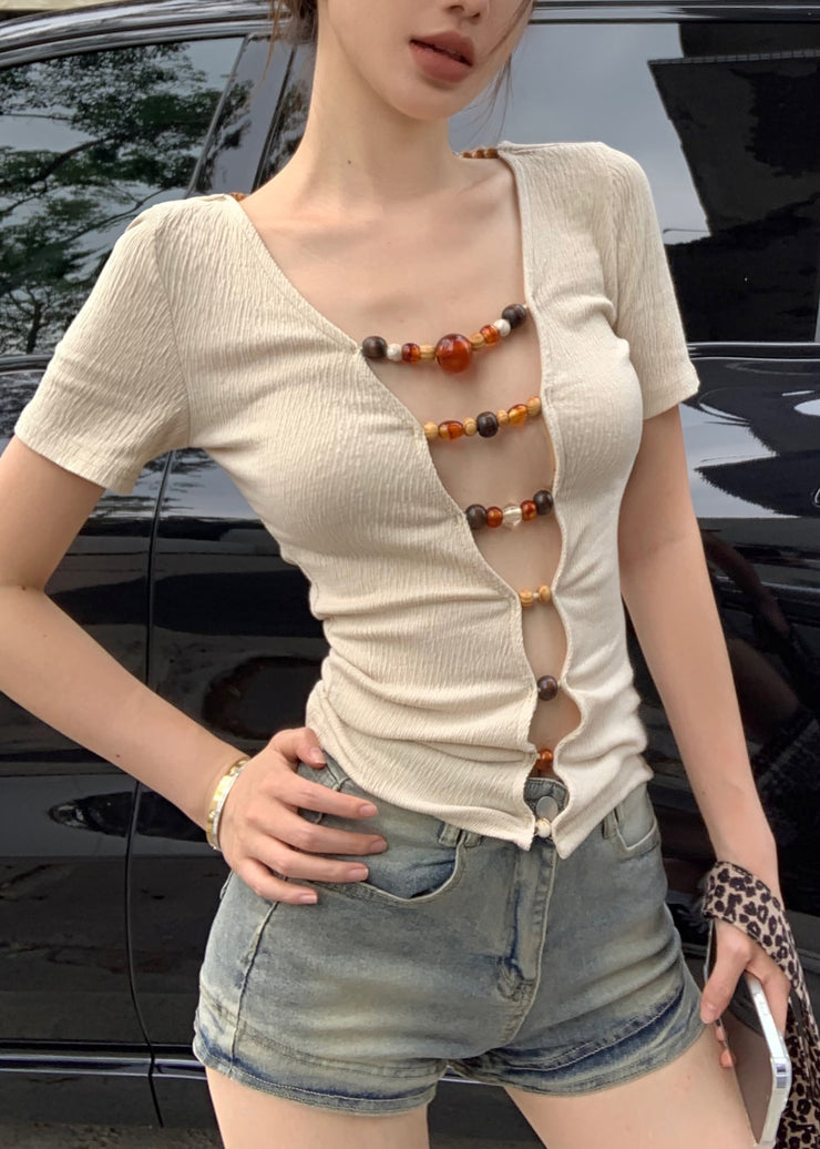 Apricot Wear On Both Sides BeadingPatchwork Cotton T Shirts Slash Neck