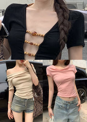 Apricot Wear On Both Sides BeadingPatchwork Cotton T Shirts Slash Neck