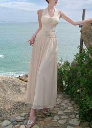 Apricot Wrinkled Cotton Long Dresses High Waist Summer