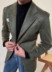Army Green Button Pockets Men Coat Notched