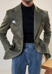 Army Green Button Pockets Men Coat Notched